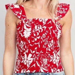 Old Navy Floral Red White Smocked Fitted Ruffle Hawaiian Print Tank Top